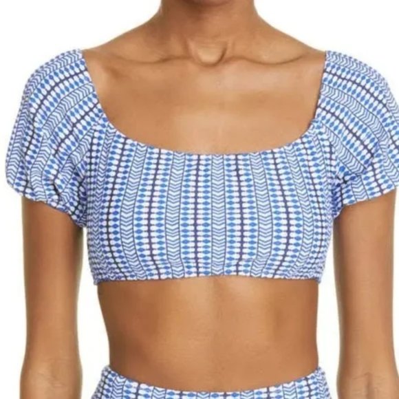 NWOT Lemlem Geometric‎ Blue Lola Pouf Short Sleeve Women M Resortwear Swim Top - Picture 1 of 5